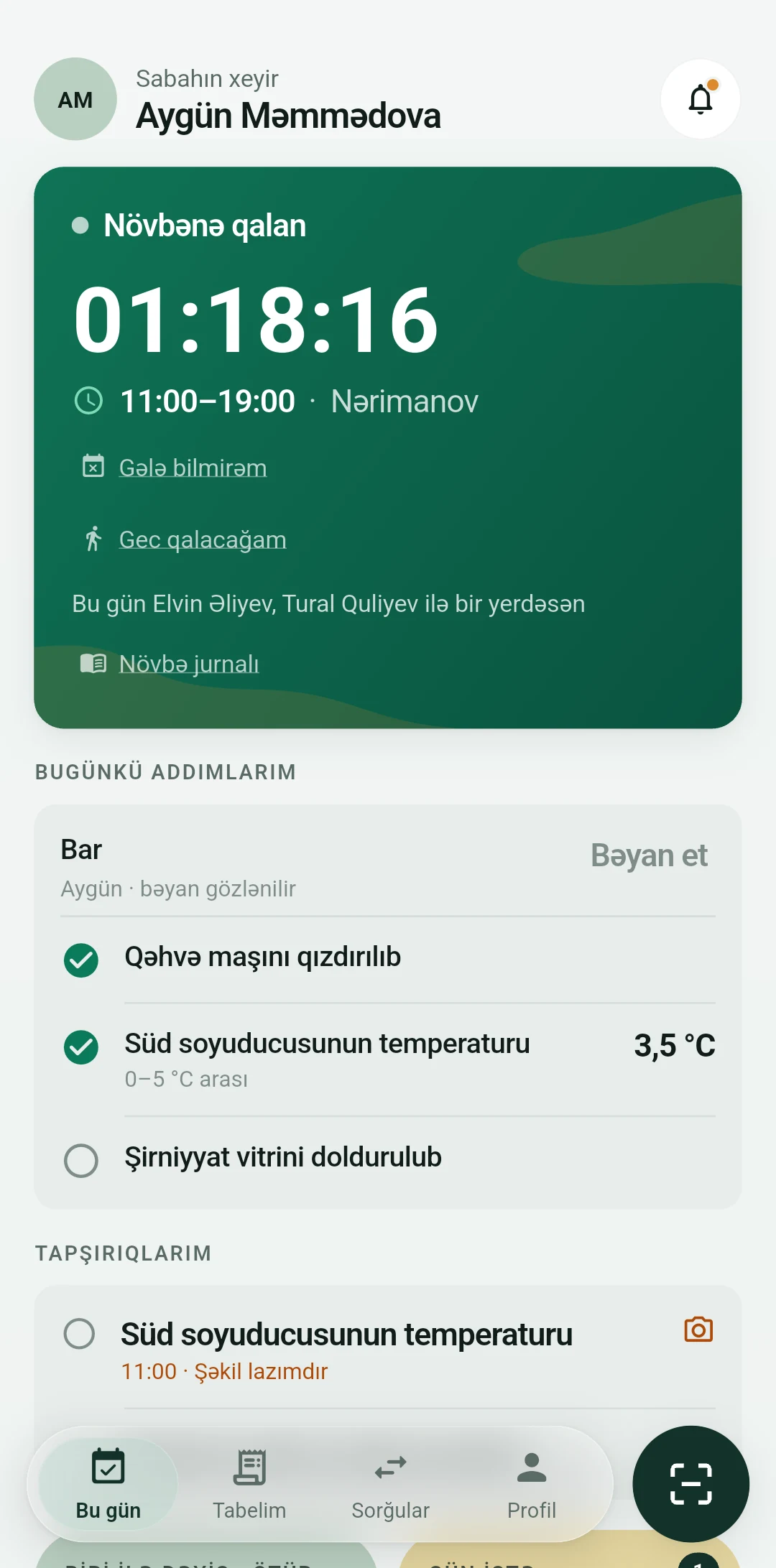 Komanda üzvünün ekranı: növbə taymeri, Dəyişim, Məzuniyyət, Açıq növbələr, Əlverişlilik