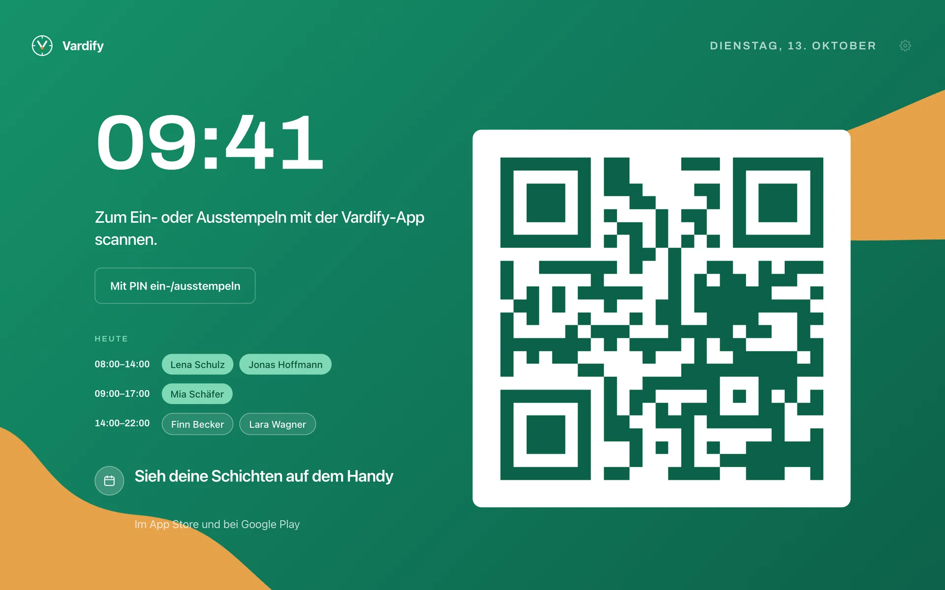 Kiosk-Bildschirm: Uhr, rotierender QR, PIN-Taste und die Schichten des Tages
