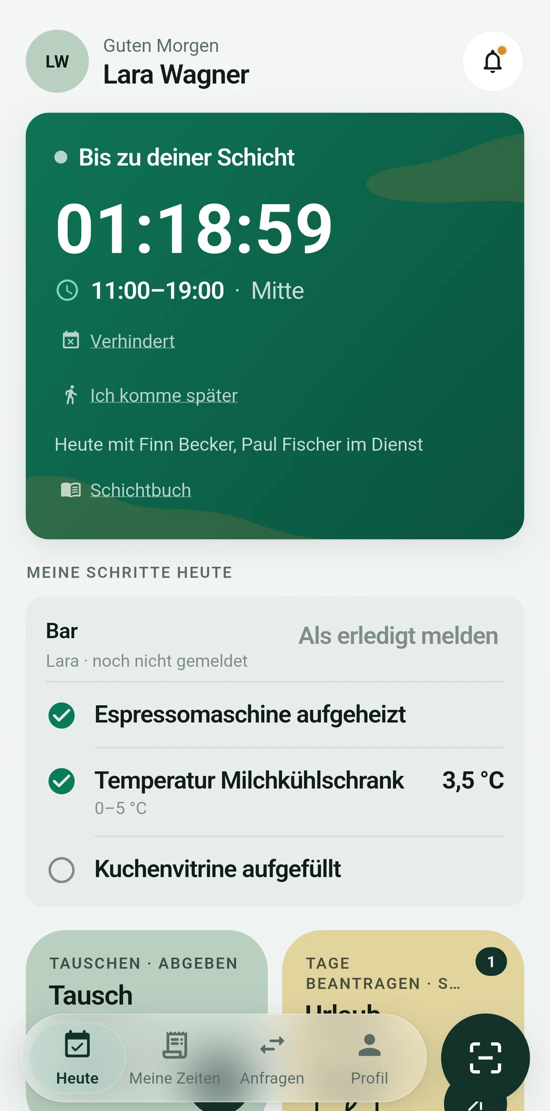 Bildschirm des Teammitglieds: Schicht-Timer, Tausch, Urlaub, offene Schichten, Verfügbarkeit
