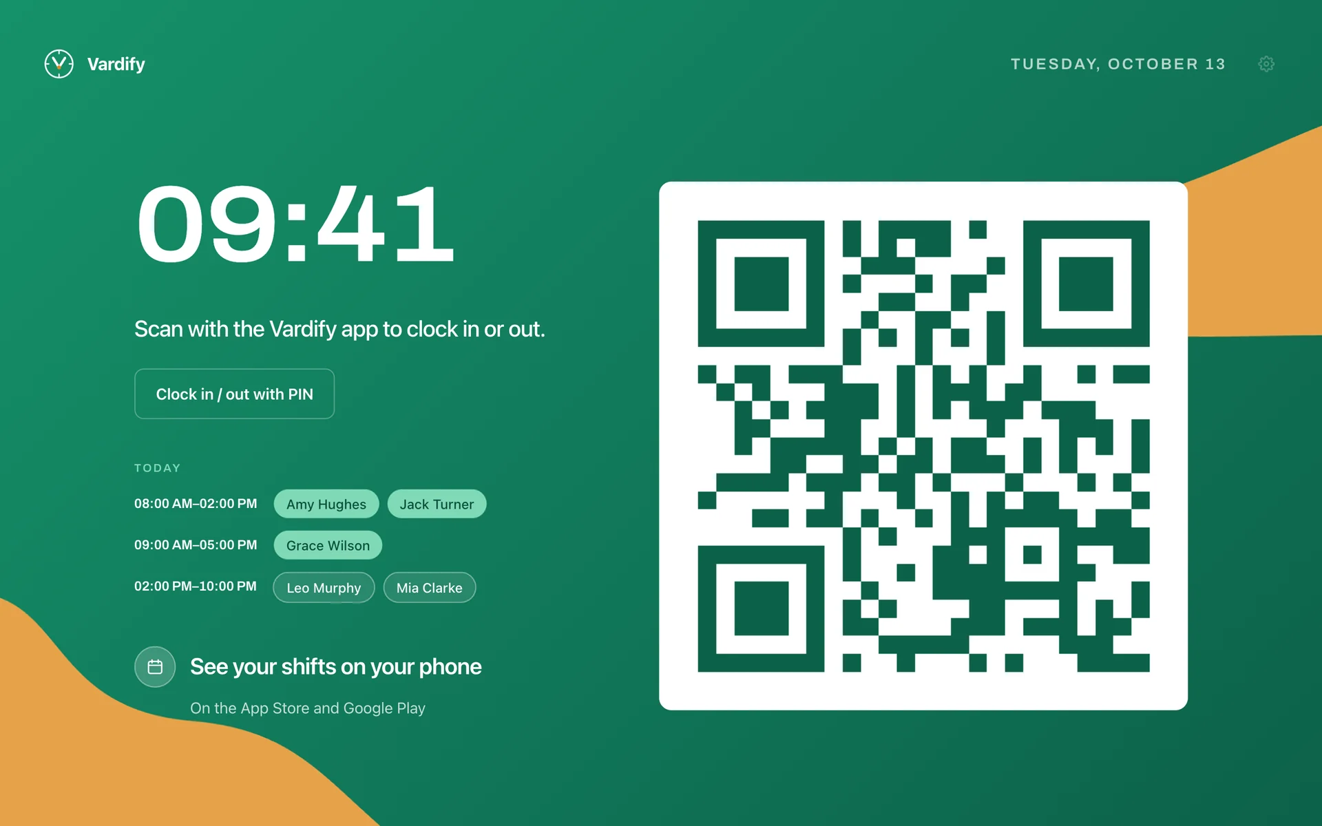 Kiosk screen: the clock, the rotating QR, the PIN button and today's bands
