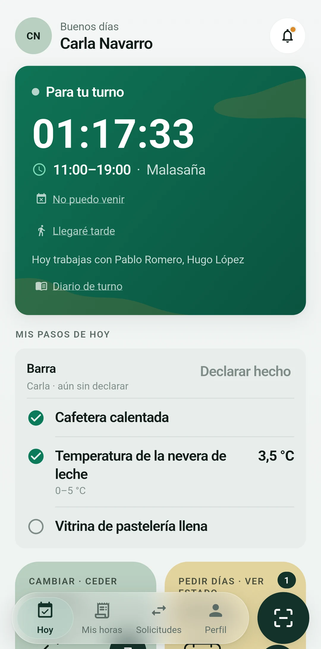 Pantalla del empleado: contador en turno, Cambio, Vacaciones, Turnos libres, Disponibilidad