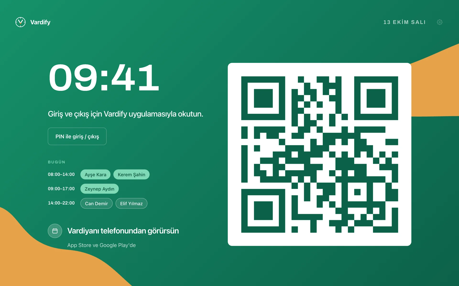 Kiosk ekranı: saat, dönen QR, PIN düğmesi ve bugünün bantları