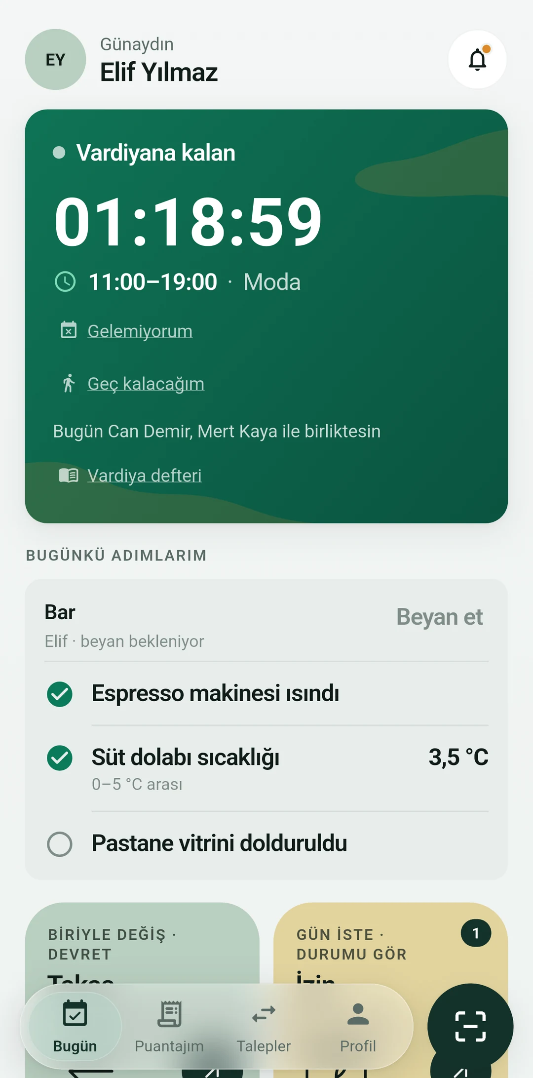 Çalışanın ekranı: şu an işbaşındasın sayacı, Takas, İzin, Açık vardiyalar, Müsaitlik